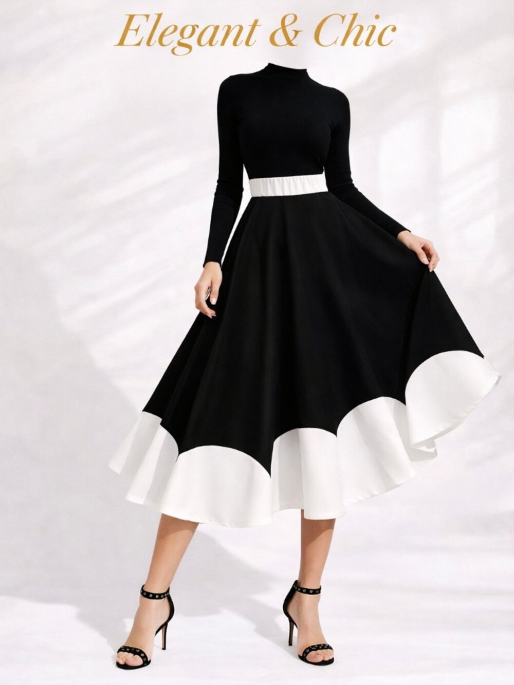Black White Midi Skirt High Waist Elegant A-Line Pleated Skirt Size L
